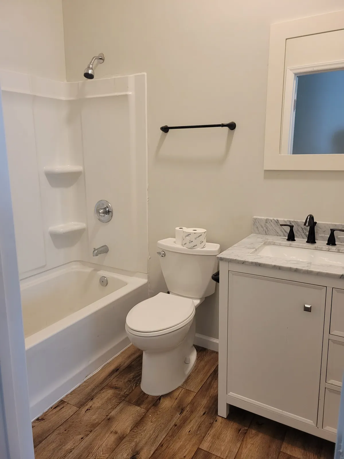 Bathroom with a white tub-shower, a toilet and a vanity over wood-tone flooring